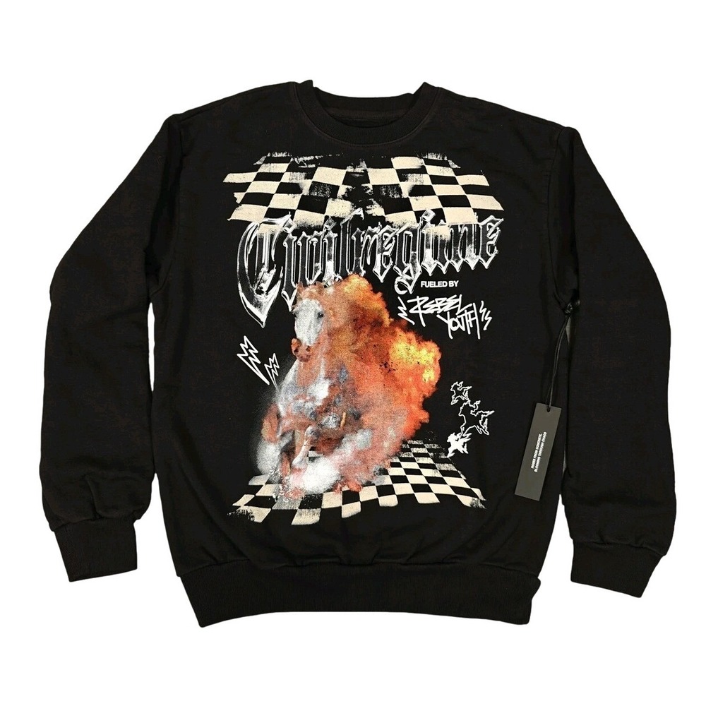 Civil Regime Mens Black Rebel Youth Horse Fire Graphic Crewneck Sweatshirt M